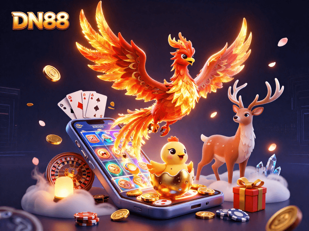 Experience the excitement of DN88 with this vibrant illustration depicting a phoenix, baby chick, and stag amidst exhilarating casino games.