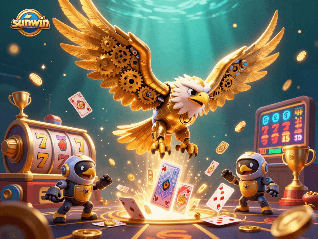 Experience thrilling jackpots at sunwin with our ultra-detailed casino illustration showcasing vibrant slot reels and golden trophies.