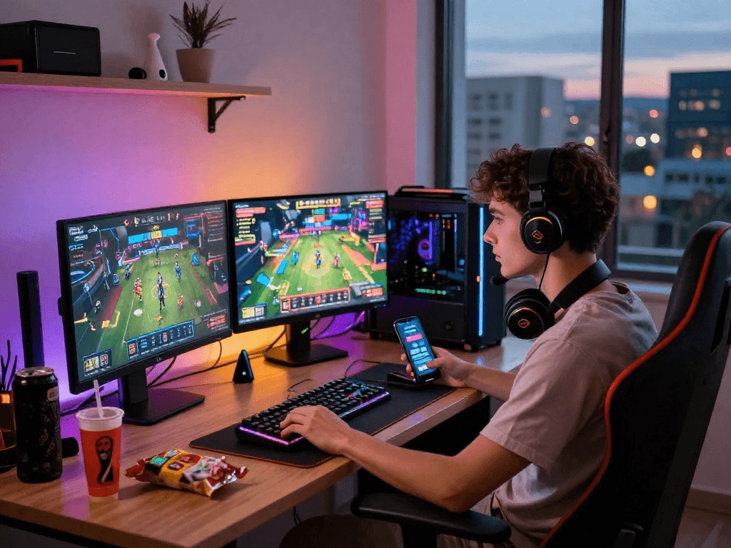 Exciting gaming setup featuring an online casino game from oxbet com, dual monitors, and vibrant LED lights.