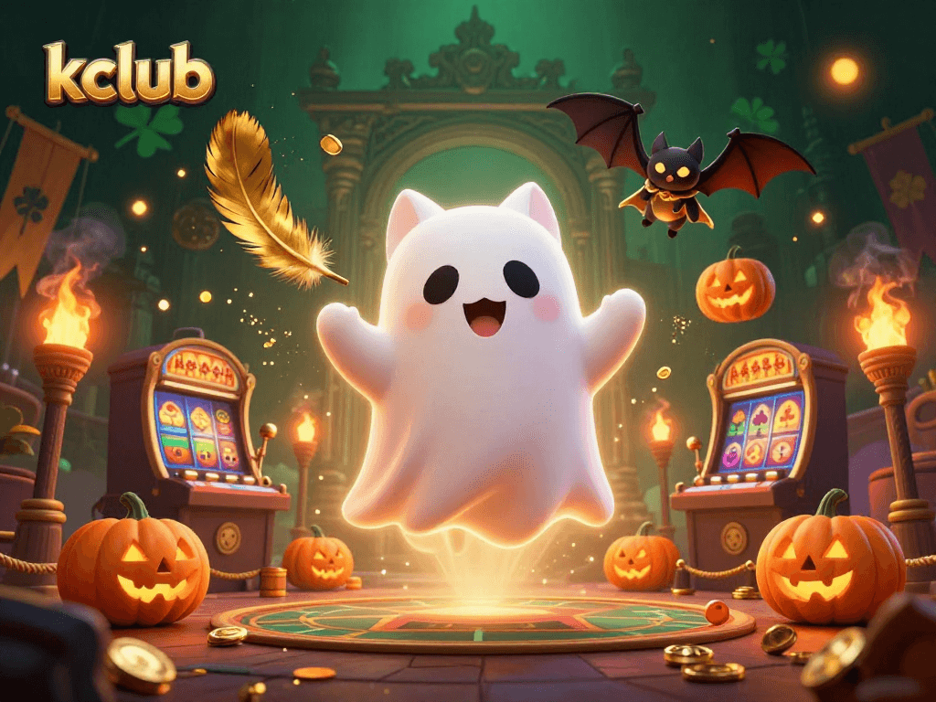 Experience kclub's vibrant casino world with a ghost cat and bat companion amidst glowing poker pumpkins.