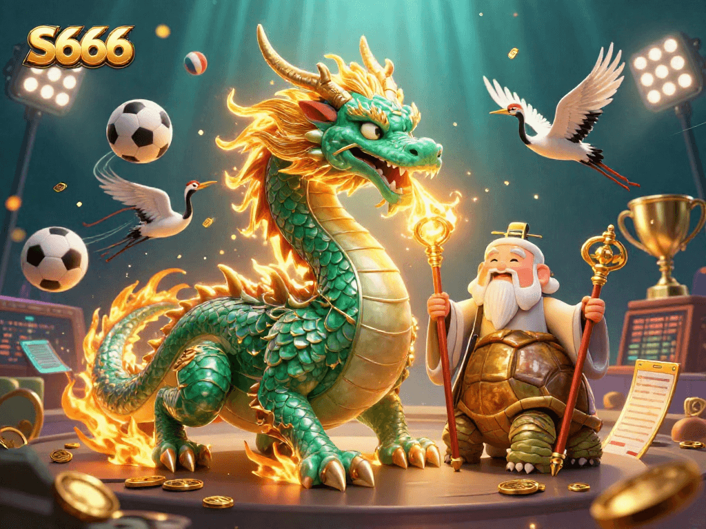 Experience the thrill of S666 with a dynamic illustration featuring a jade dragon, lucky cranes, and sports elements.