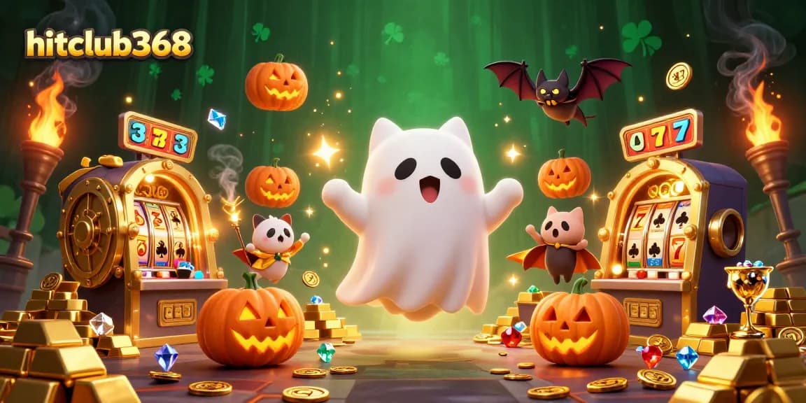 Experience the excitement of hitclub368 with our vibrant 3D gambling scene featuring a friendly ghost cat and slot machines.