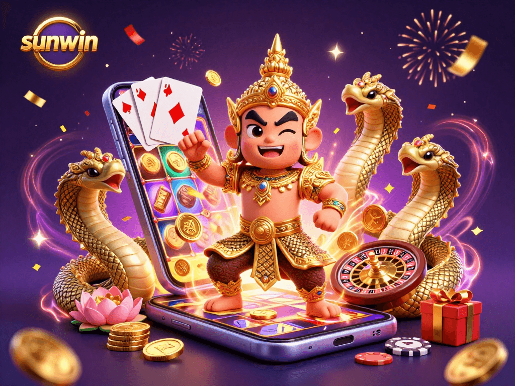 Experience thrilling gaming action at sunwin with vibrant slot games and festive characters.