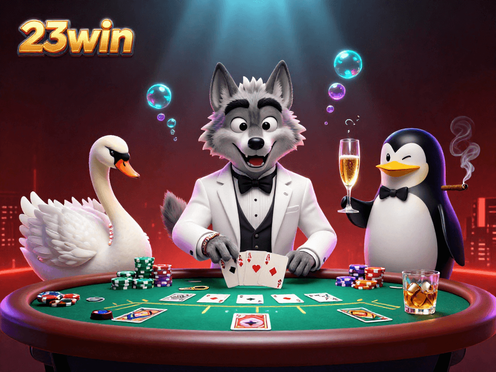 Experience luxury gaming at 23win with a debonair wolf, elegant swan, and penguin sommelier.