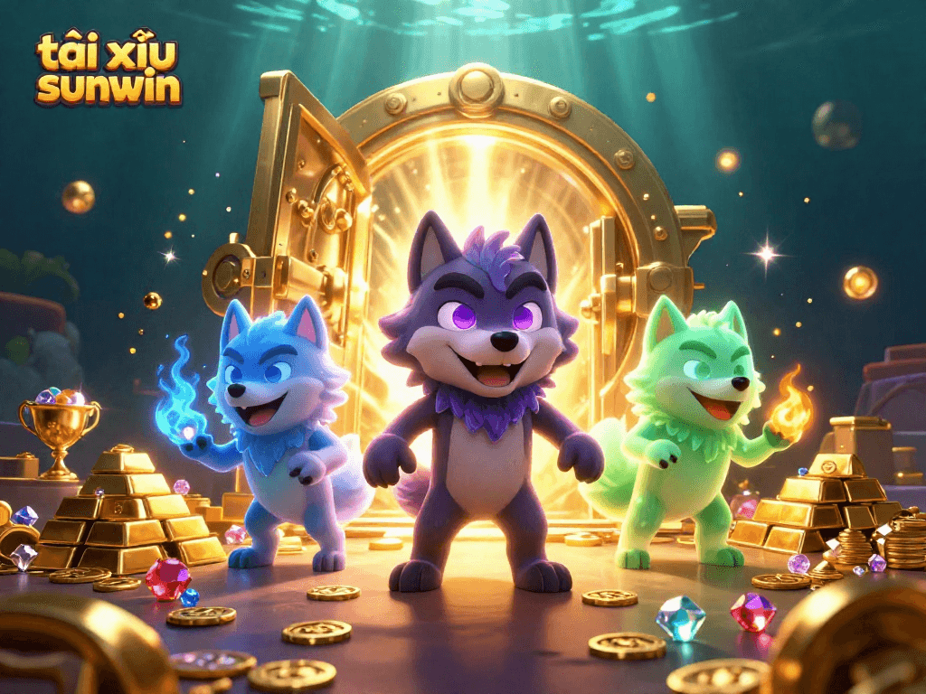 Tài xỉu sunwin showcases a vibrant 3D illustration of mystical wolves and treasures in a casino scene.