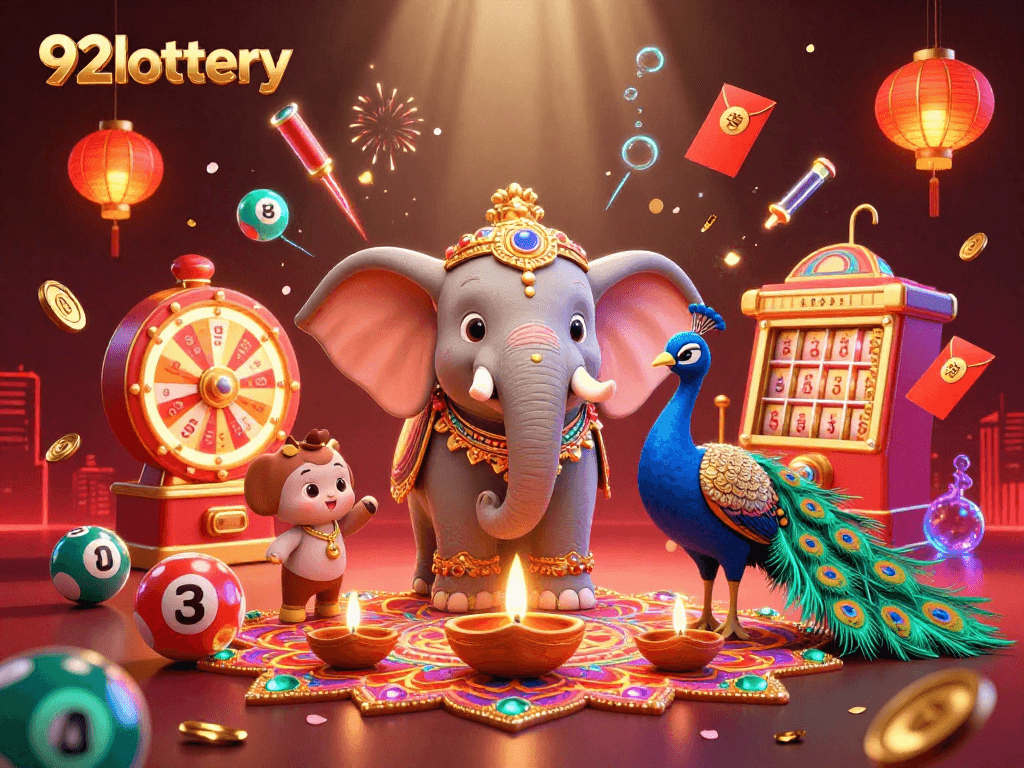 Experience thrilling lottery draws with 92lottery's vibrant themed illustration filled with excitement.