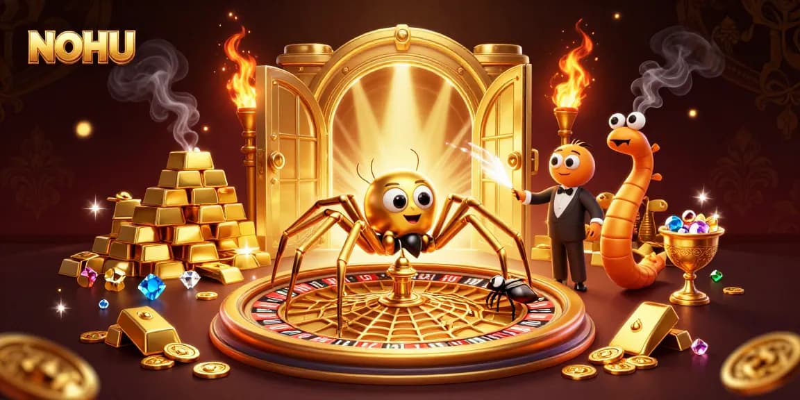 Engage with NOHU's vibrant scene featuring a golden spider and thrilling casino action.
