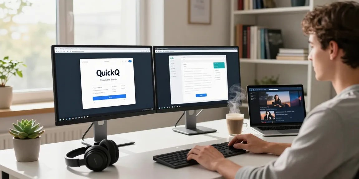 在使用QuickQ电脑版的现代家庭办公室工作场景中,用户舒适地坐在光滑的桌子旁,享受流畅的VPN体验,办公环境明亮而专注。