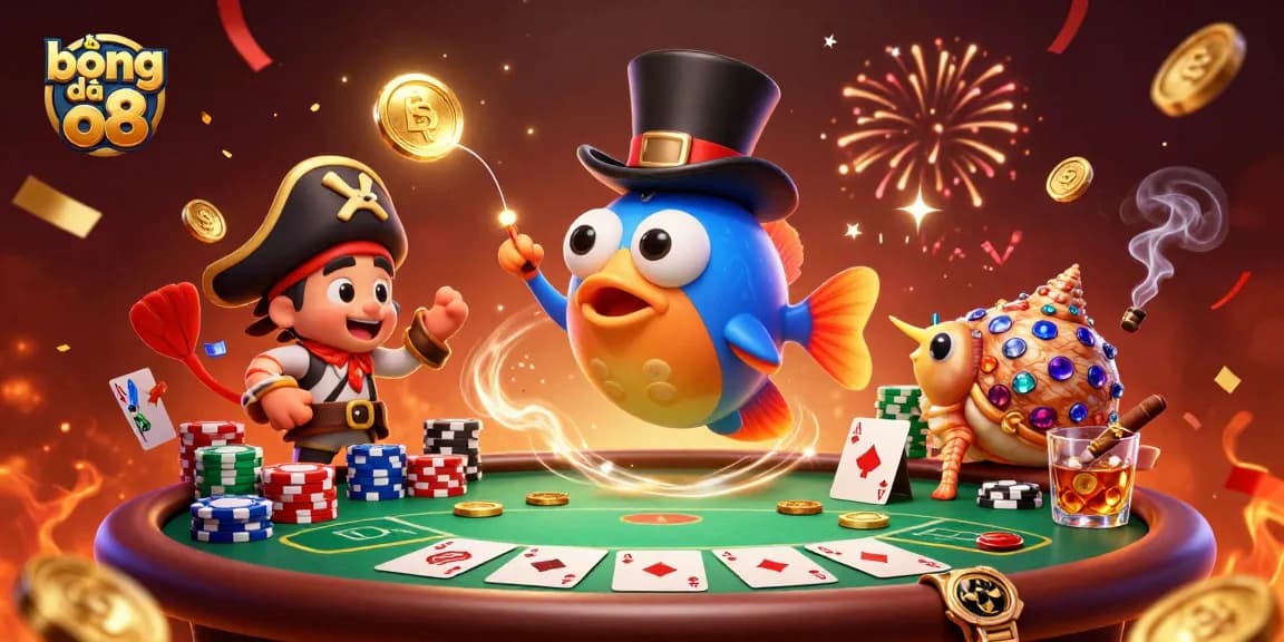 Engaging gambling scene with bóng đá o8 characters attracting coins amidst a vibrant casino setting.