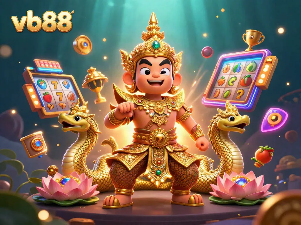 Experience the thrilling atmosphere of vb88 with vibrant slot reels, jackpot symbols, and a majestic Thai guardian.