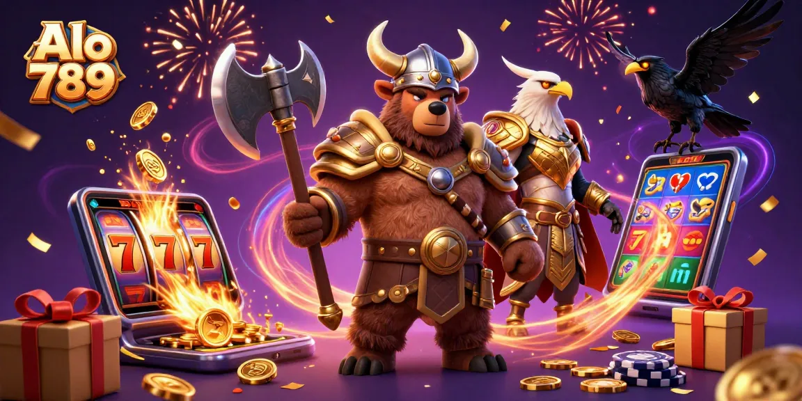 Alo 789 showcases a thrilling 3D cartoon scene with a Viking bear and a Valkyrie eagle among vibrant slot games and celebrating coins.