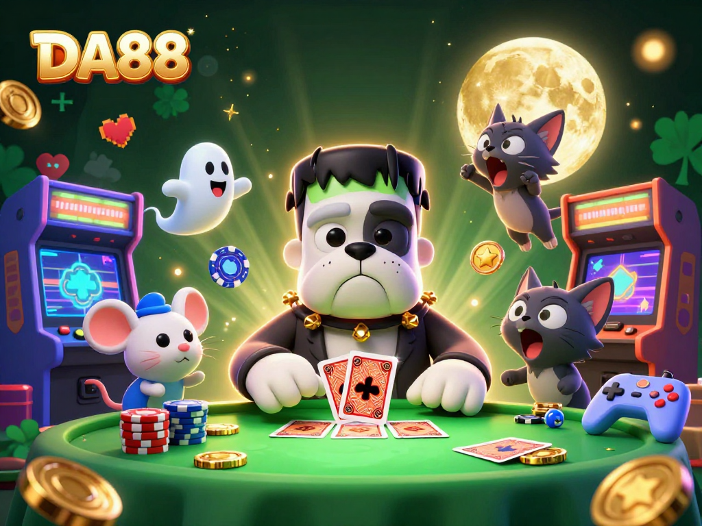 DA88 showcases a thrilling casino scene with a Frankenstein bulldog, ghost mouse, and werewolf kitten.