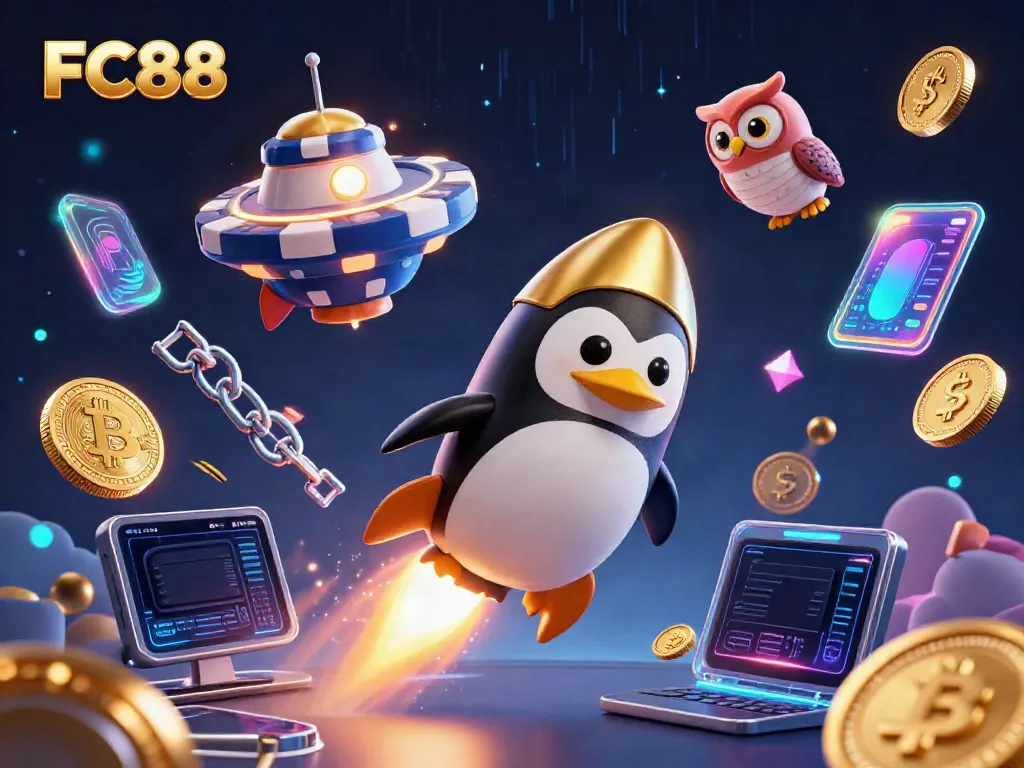 Experience the excitement of FC88 casino with a dynamic space scene featuring a golden penguin and casino elements.