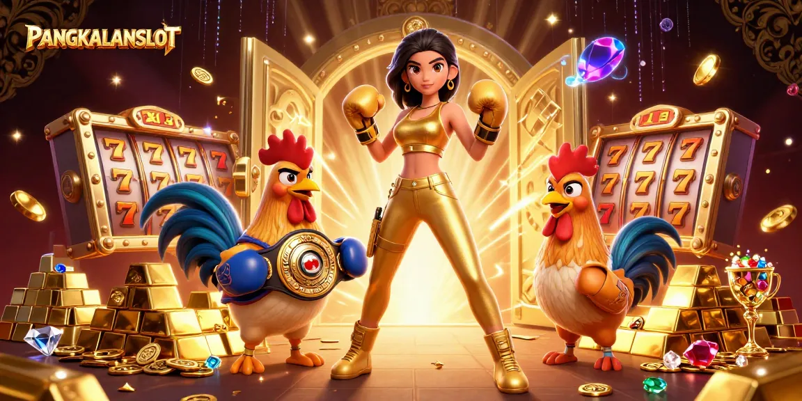 PANGKALANSLOT showcases a powerful woman and a rooster in a vibrant 3D casino scene with treasures and slot elements.