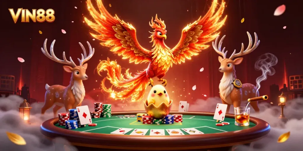 VIN88 offers a vibrant 3D scene with a fire phoenix, baby phoenix, and a mystical stag around lavish poker elements, enhancing the gaming atmosphere.