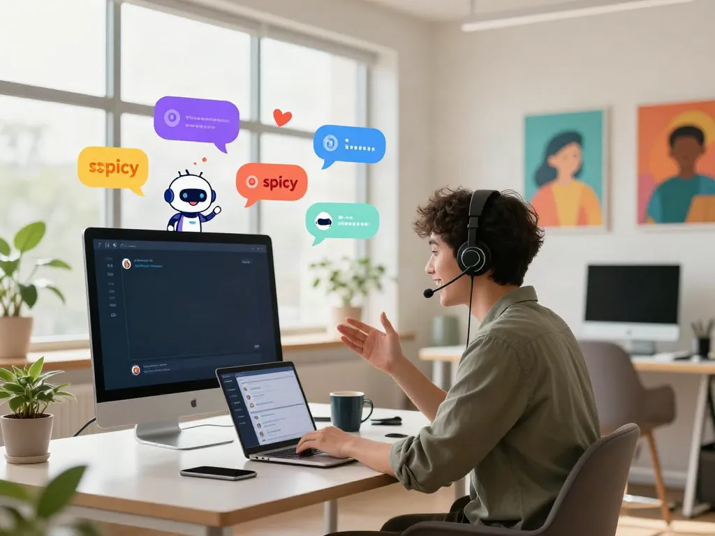 Interactive spicy chat ai conversation scene in modern workspace with colorful chat bubbles.