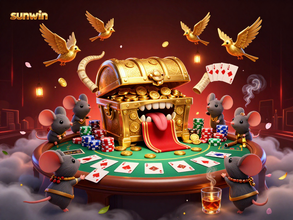 Engage with sunwin's vibrant casino adventure, showcasing a whimsical treasure chest and poker elements.
