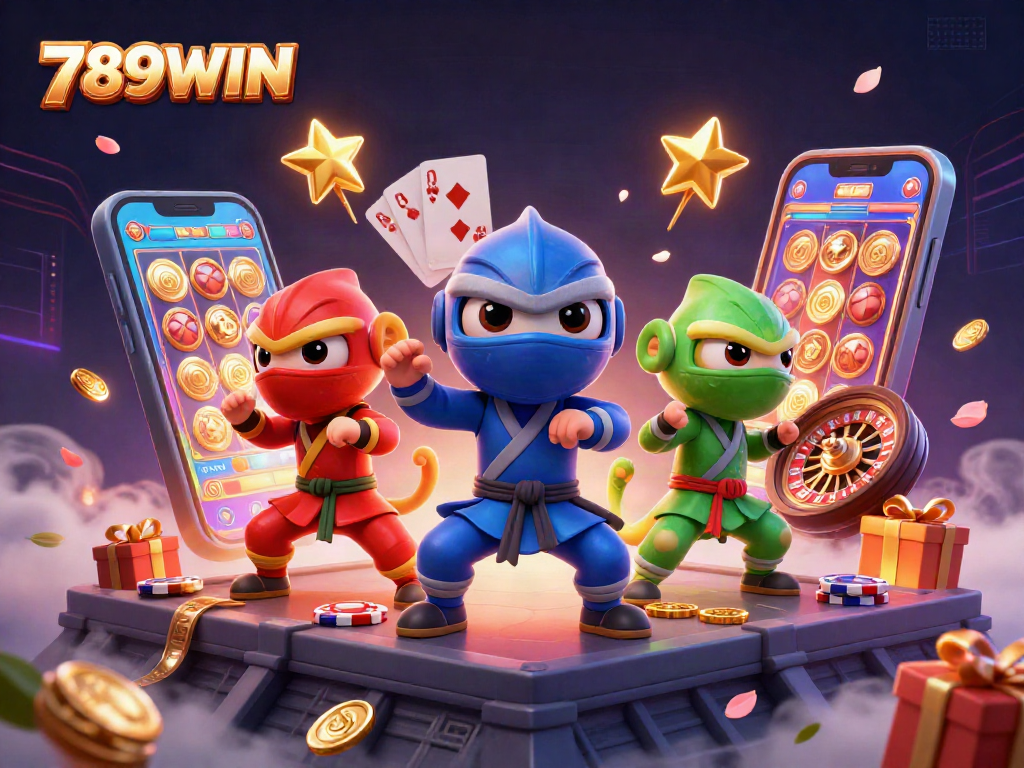 Experience the vibrant excitement of 789WIN with a dynamic scene of animated chameleon ninjas in action.