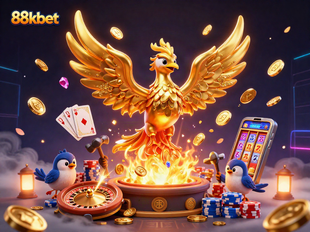 Engage with the immersive world of 88kbet, featuring a golden phoenix and dynamic casino elements.