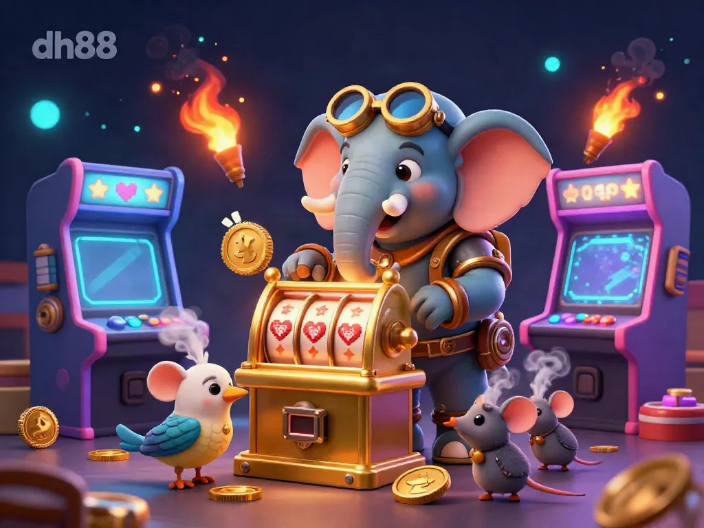 Spin the golden slot machine with the dh88 steampunk elephant engineer for big wins!