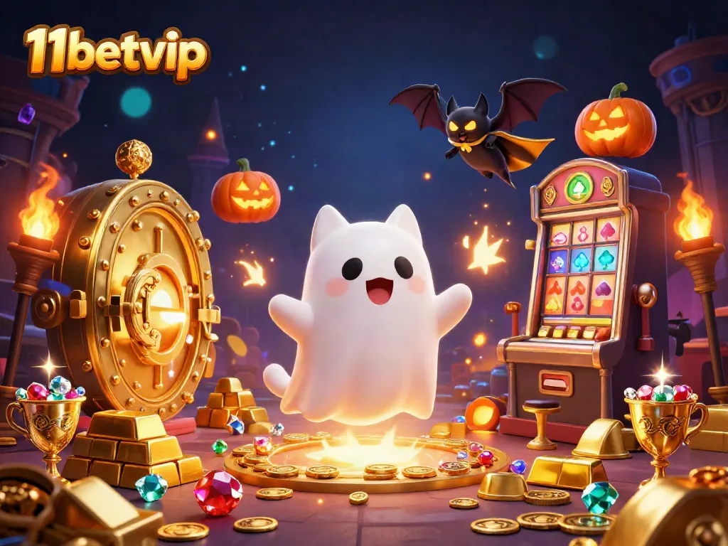 Engage in thrilling gameplay at 11betvip with vibrant casino elements and enchanting characters in a ghostly scene.