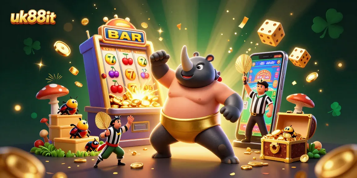 Experience exciting gameplay at uk88it with a dynamic scene featuring a sumo beetle champion and casino elements.