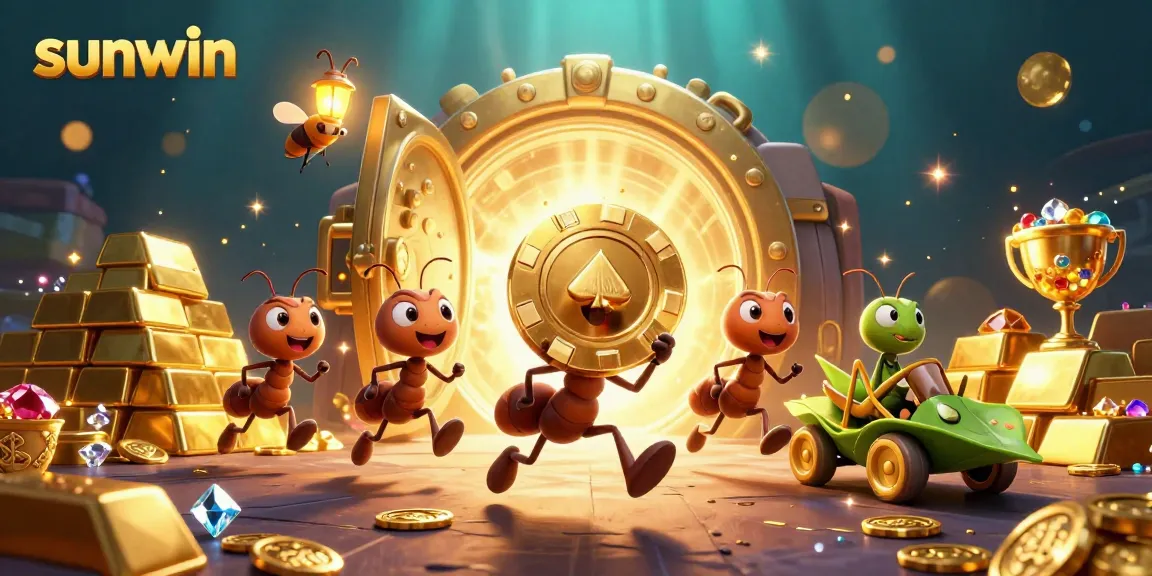 Experience the thrilling heist in sunwin with a team of ants carrying a massive golden poker chip amidst golden treasures.
