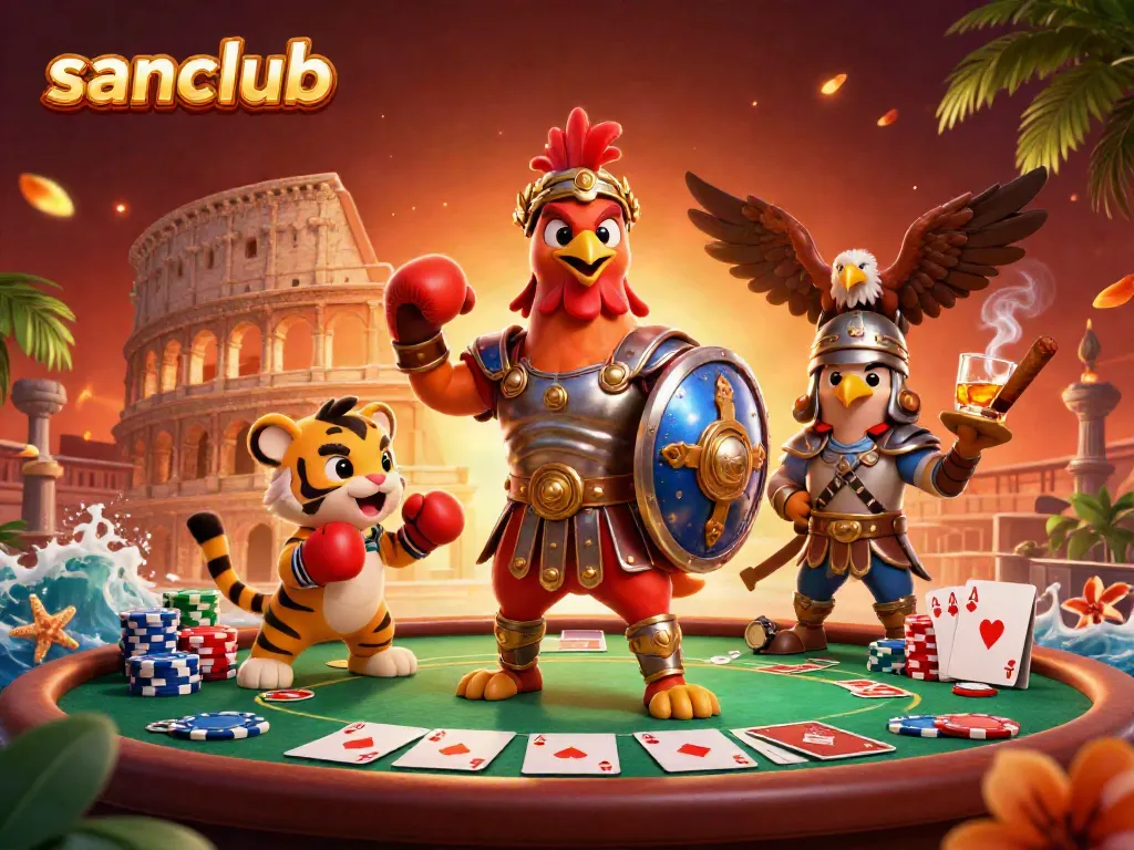 sanclub depicts an energetic online casino scene with poker and vibrant characters.