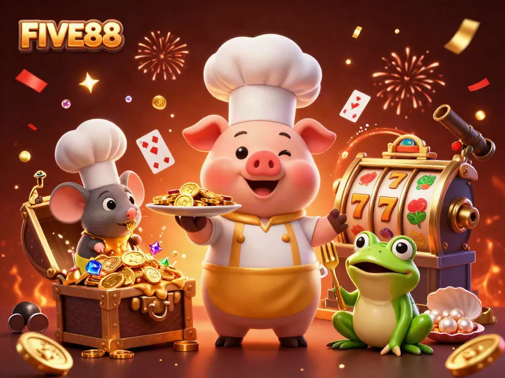 Experience winning moments with FIVE88, where a chef pig serve gold coins and vibrant slot elements celebrate casino excitement.