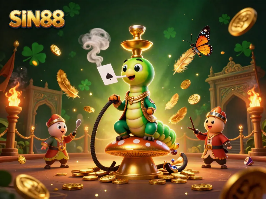 Engage with the vibrant SIN88 gaming world alongside a whimsical hookah-master in a captivating casino setting.