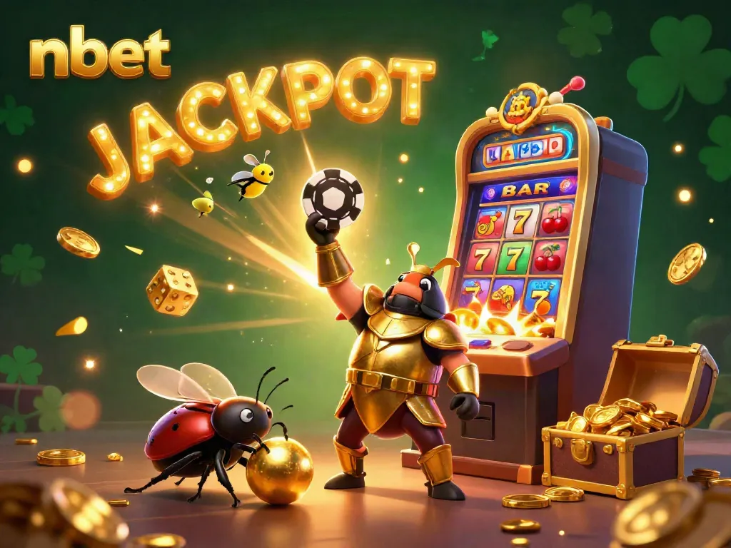 Witness the excitement of nbet with a victorious hercules beetle amid a slot machine jackpot scene bursting with vibrant colors.