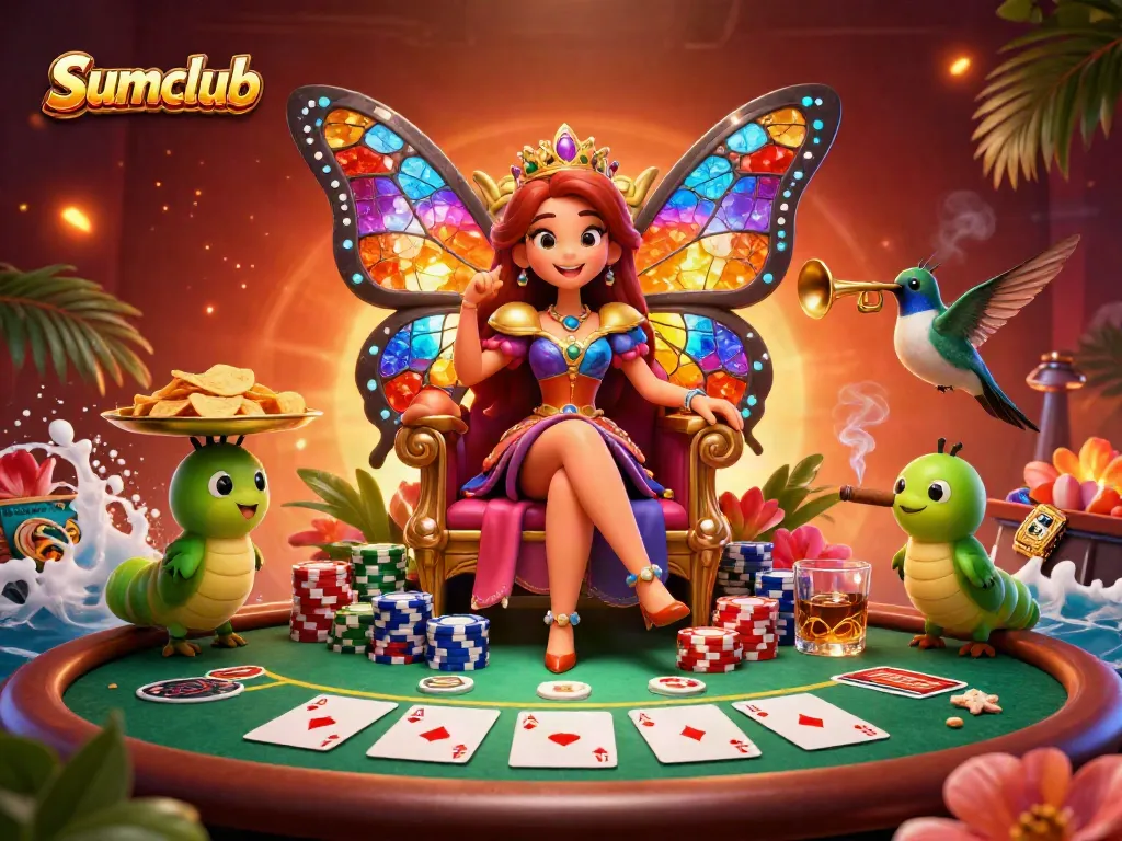 Experience the vibrant atmosphere of Sumclub with a butterfly queen and poker elements in this detailed 3D illustration.