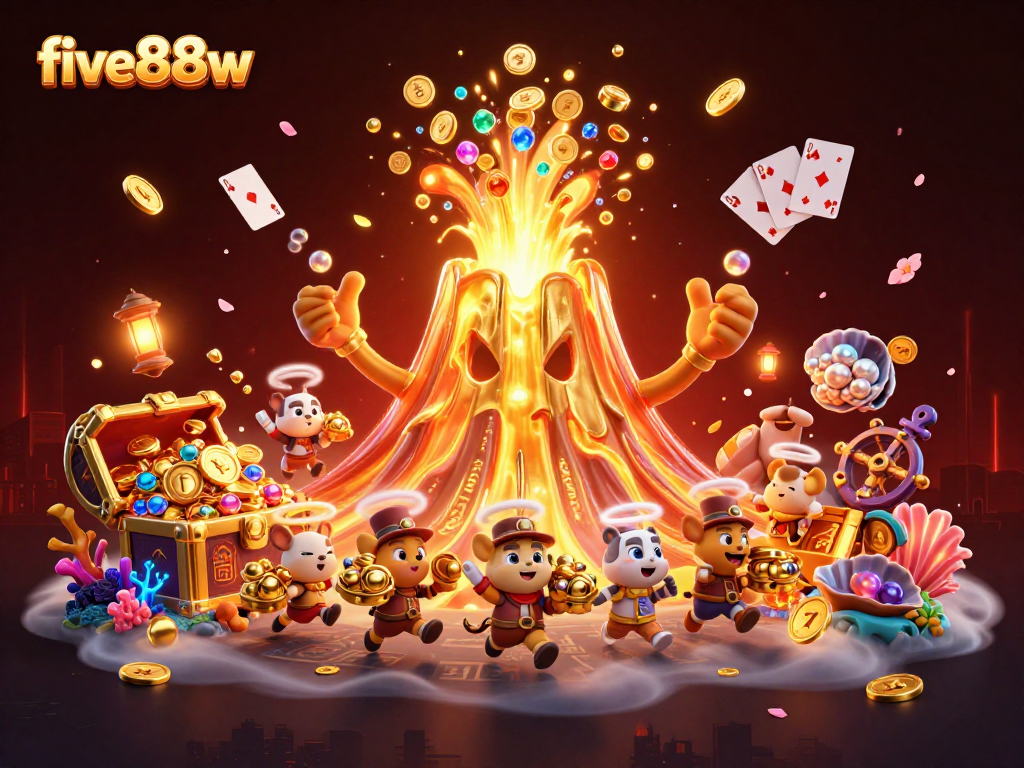 Experience the excitement of five88w with lucky symbols and treasures in an immersive casino scene.