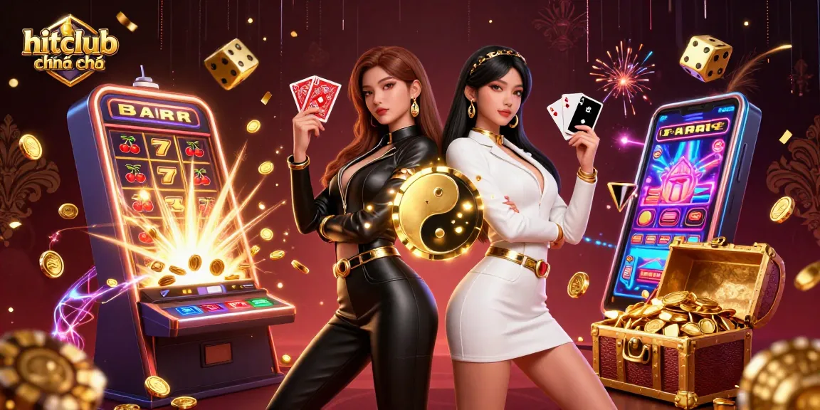 Win big with hitclub chính chủ, featuring twin Asian women showcasing their playing cards amidst a dynamic casino scene.