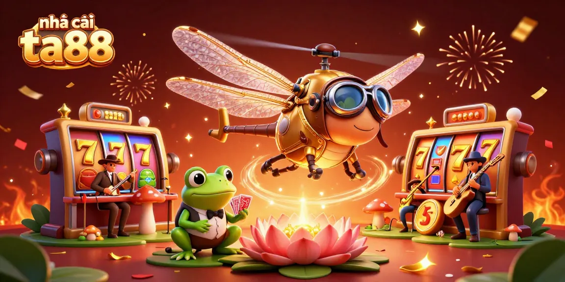 Experience excitement at nhà cái ta88 with a vibrant casino scene featuring a dragonfly pilot, frog croupier, and jazz musicians.
