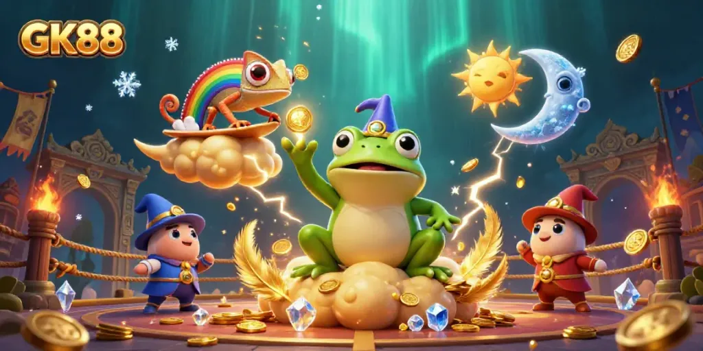 Experience thrilling adventures at GK88 with our vibrant 3D casino scene featuring a wizard frog and a chameleon.