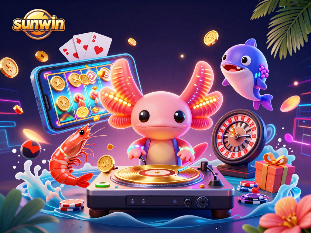 Experience vibrant gaming action with sunwin as axolotl DJ spins festive reels amid lively sea creatures.
