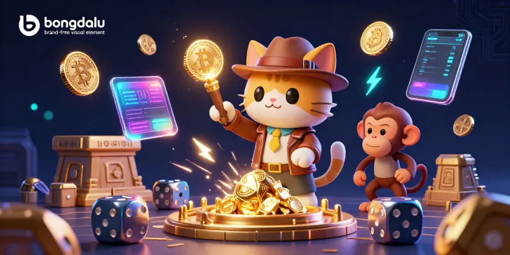 Discover exciting gambling adventures with the bongdalu logo highlighted in a dynamic 3D scene encompassing casino elements.