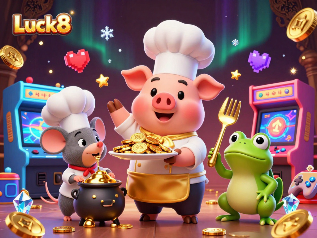 Experience fortune with Luck8 as the chef pig serves golden coins amidst vibrant gaming scenes.