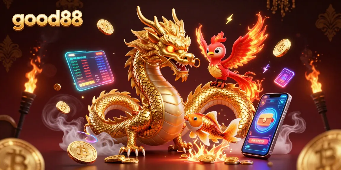 Experience thrilling wins with good88 in a vibrant casino setting featuring a dragon, phoenix, and koi fish.