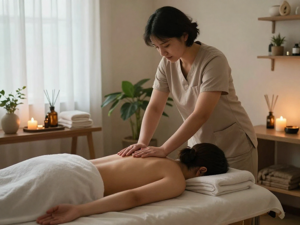 Relaxing 구로출장마사지 session in a serene home setting.