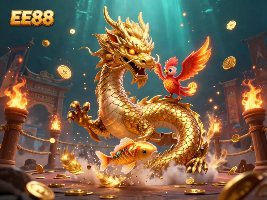 EE88 showcases thrilling gaming with golden dragon, phoenix, and koi fish amidst dynamic casino elements.