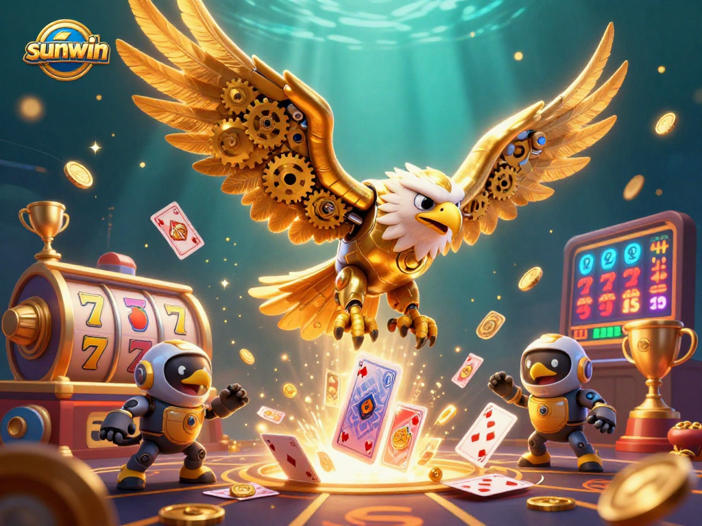 Experience thrilling jackpots at sunwin with our ultra-detailed casino illustration showcasing vibrant slot reels and golden trophies.