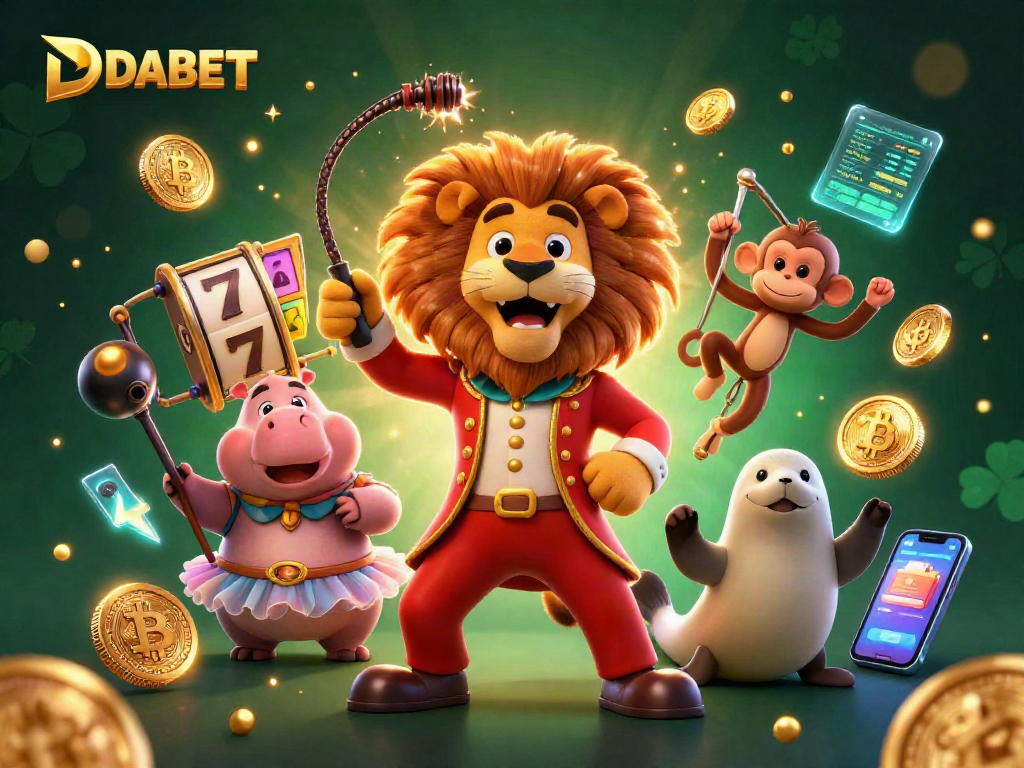 DABET engaging players with vibrant 3D circus-themed casino illustration featuring lively characters and dynamic gambling elements.