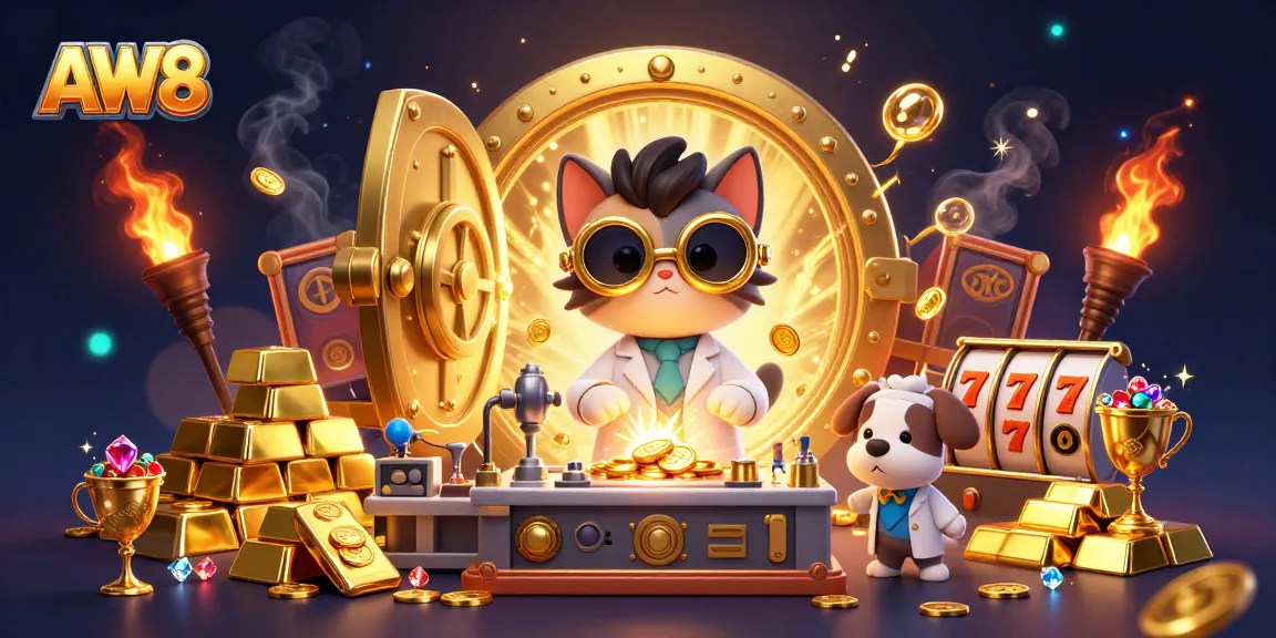 AW8's vibrant 3D casino illustration with mad scientist cat, dog assistant, and exploding treasures.