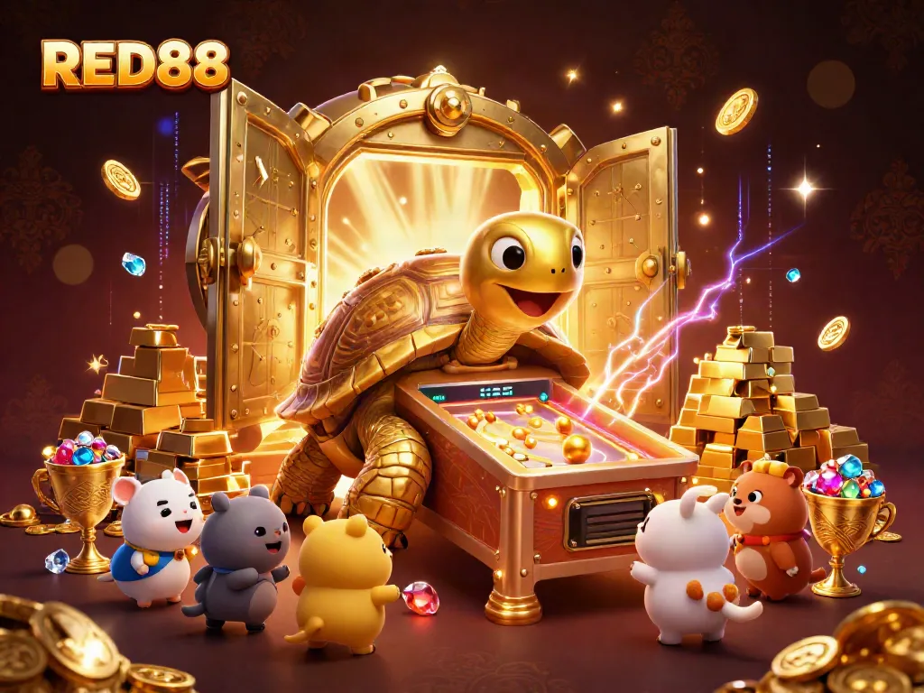 Experience the excitement of RED88 with a vibrant 3D casino scene featuring golden treasures and playful characters.
