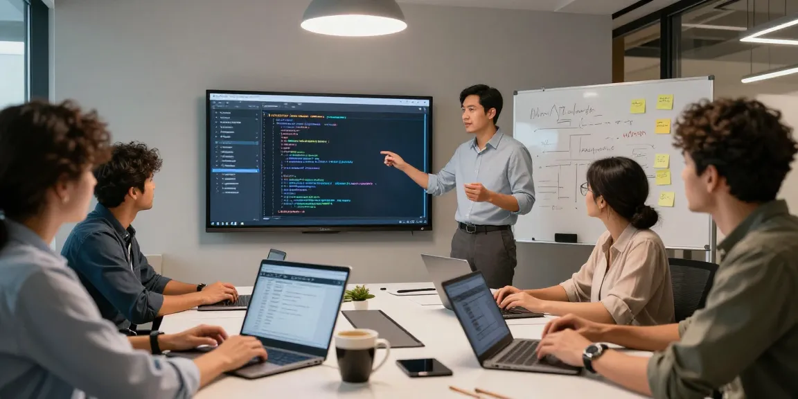 Team members collaboratively building internal tools with AI in a modern office environment.