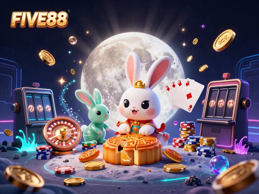 Experience thrilling play at FIVE88 with a vibrant 3D scene showcasing a moon rabbit celebrating jackpots.