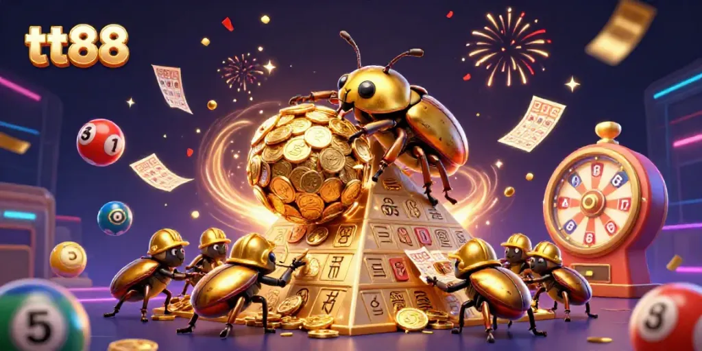 Experience excitement with tt88 as golden beetles roll coins up a pyramid amidst vibrant lottery elements.