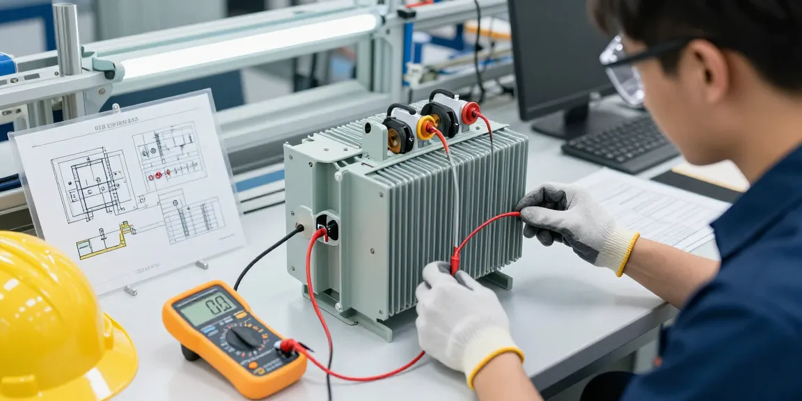 Technicus inspecteert een cast resin transformer in een moderne werkplaats.